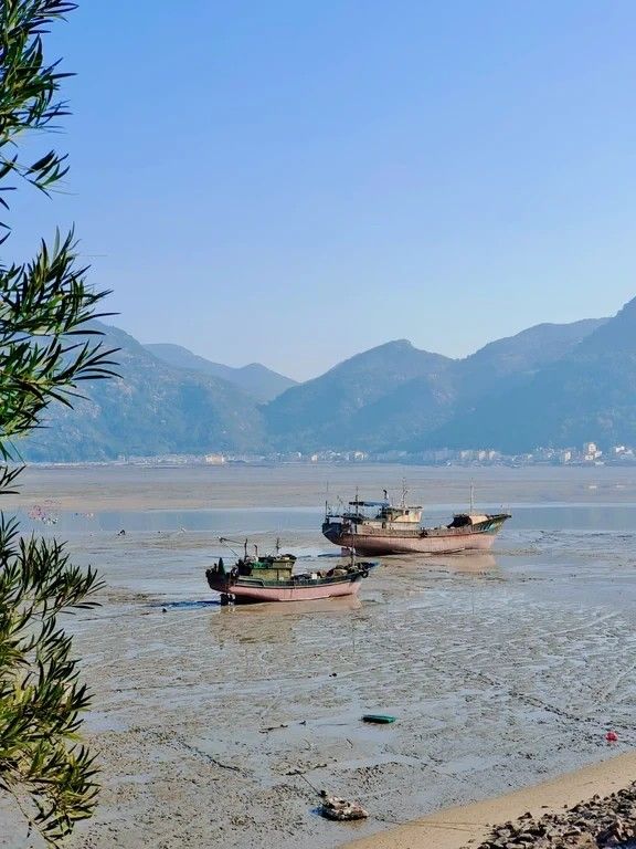 北岐滩涂，退潮后搁浅的渔船